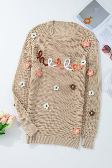 HELLO Flower Round Neck Long Sleeve Sweater - S. M. & Co.