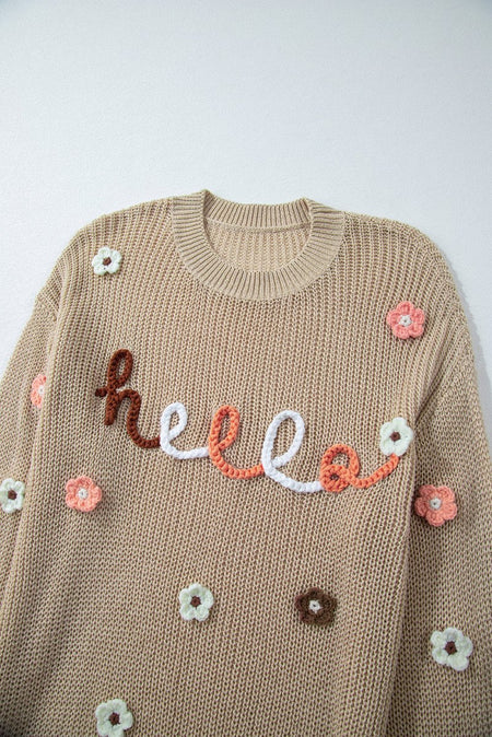 HELLO Flower Round Neck Long Sleeve Sweater - S. M. & Co.