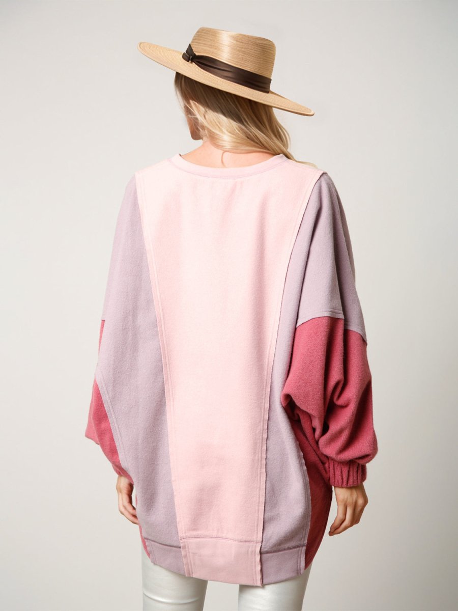 High - Low Contrast Notched Long Sleeve Sweatshirt - S. M. & Co.