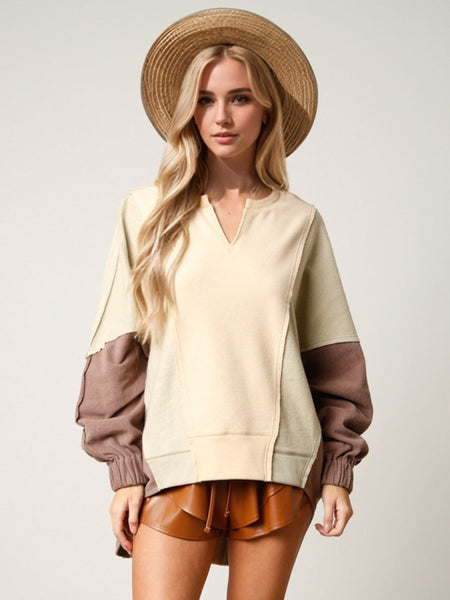 High - Low Contrast Notched Long Sleeve Sweatshirt - S. M. & Co.