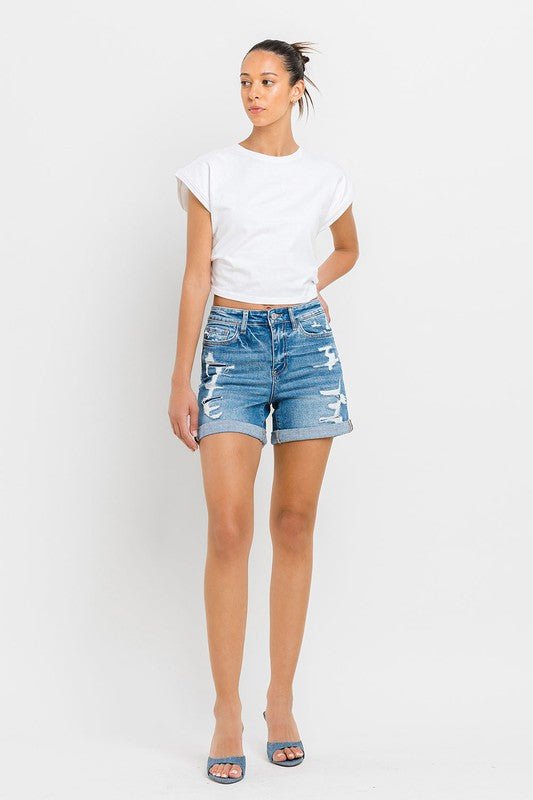 High Rise Double Cuff Shorts - S. M. & Co. Denim Shorts