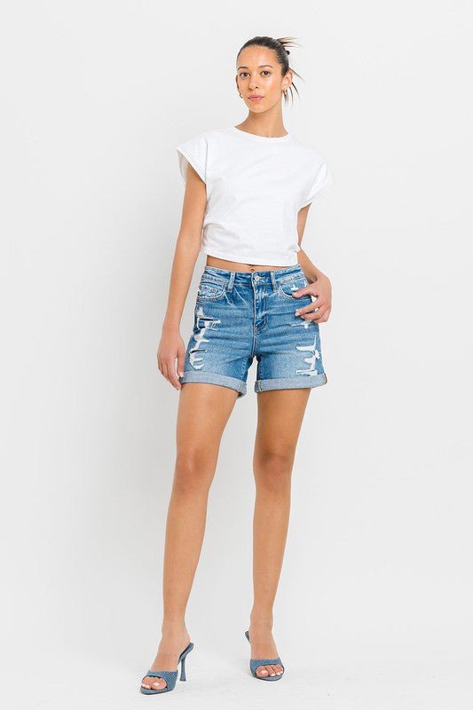 High Rise Double Cuff Shorts - S. M. & Co. Denim Shorts