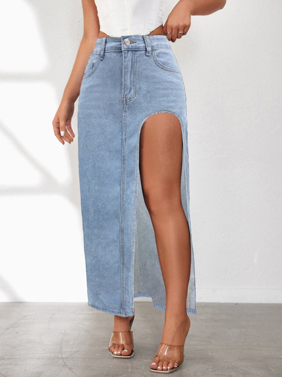 High Rise Slit Denim Skirt - S. M. & Co.