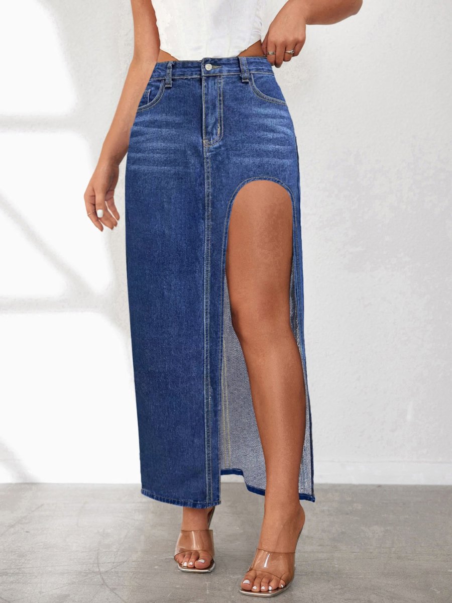 High Rise Slit Denim Skirt - S. M. & Co.