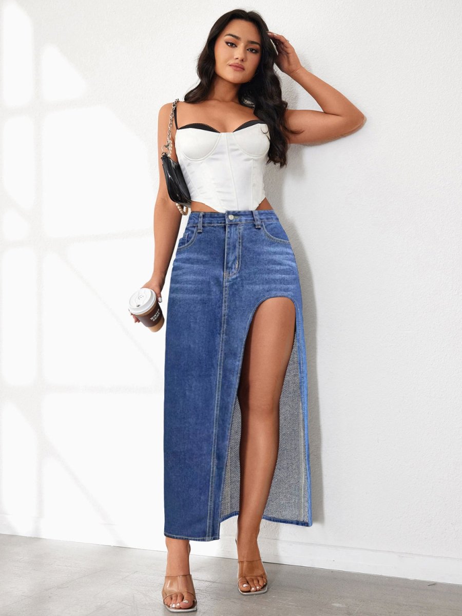 High Rise Slit Denim Skirt - S. M. & Co.