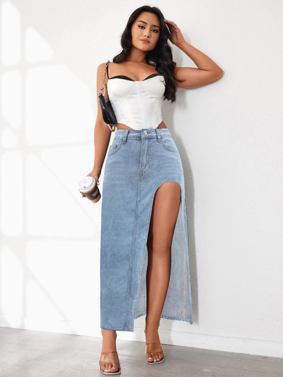 High Rise Slit Denim Skirt - S. M. & Co.
