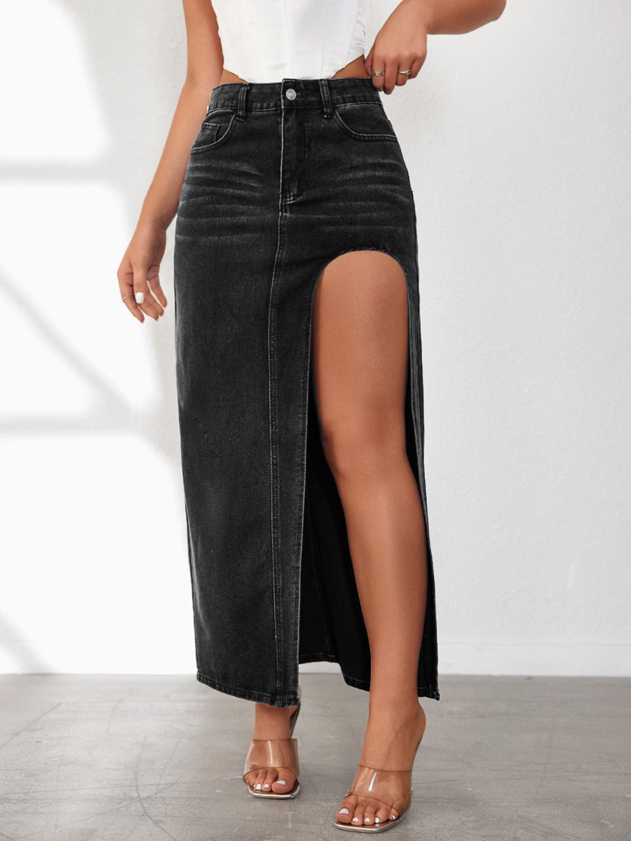 High Rise Slit Denim Skirt - S. M. & Co.