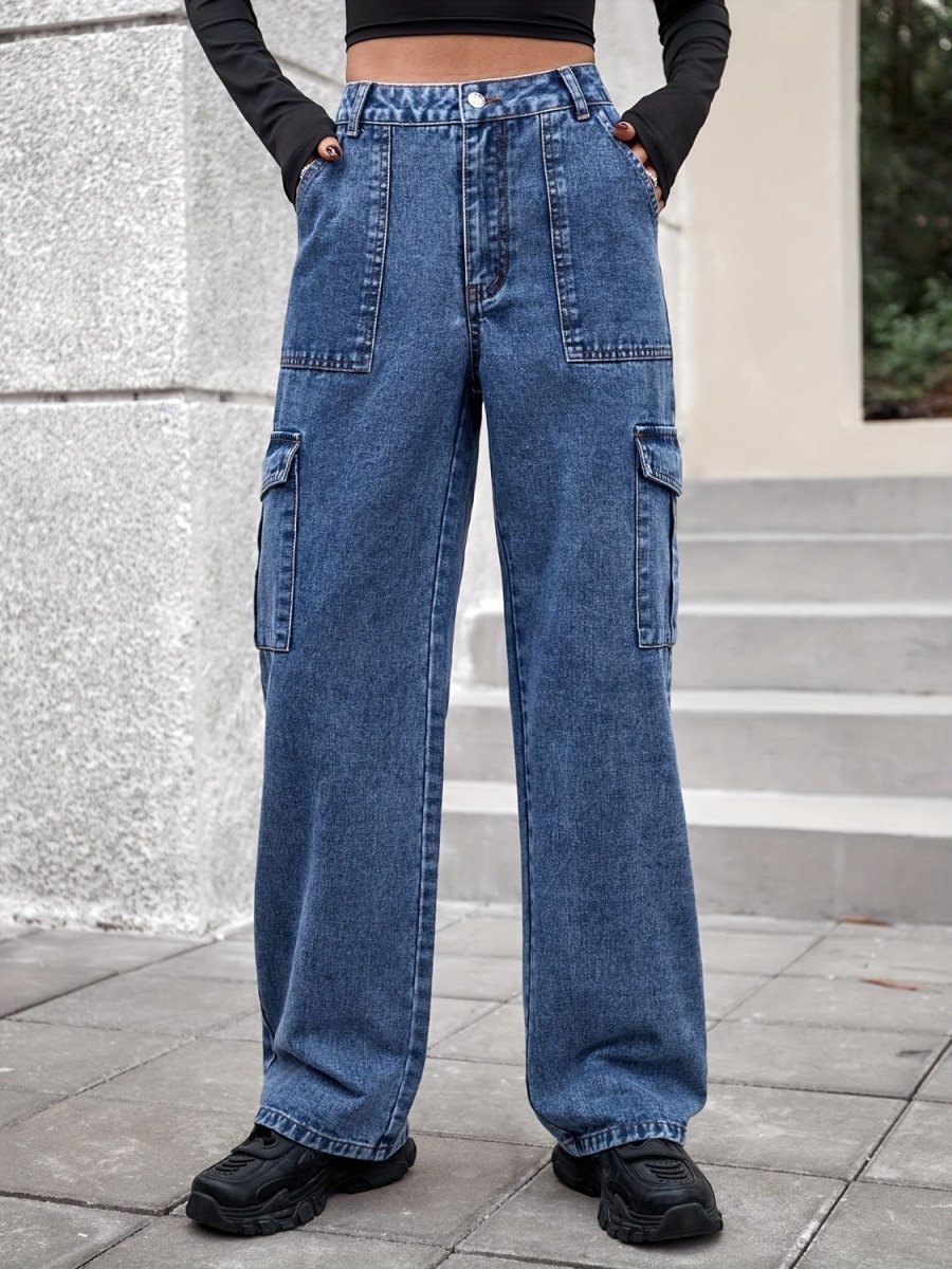 High Rise Straight Jeans with Cargo Pockets - S. M. & Co.