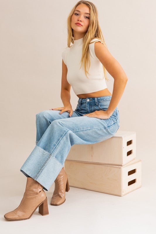 High - Waisted Wide Leg Cuffed Jeans - S. M. & Co.