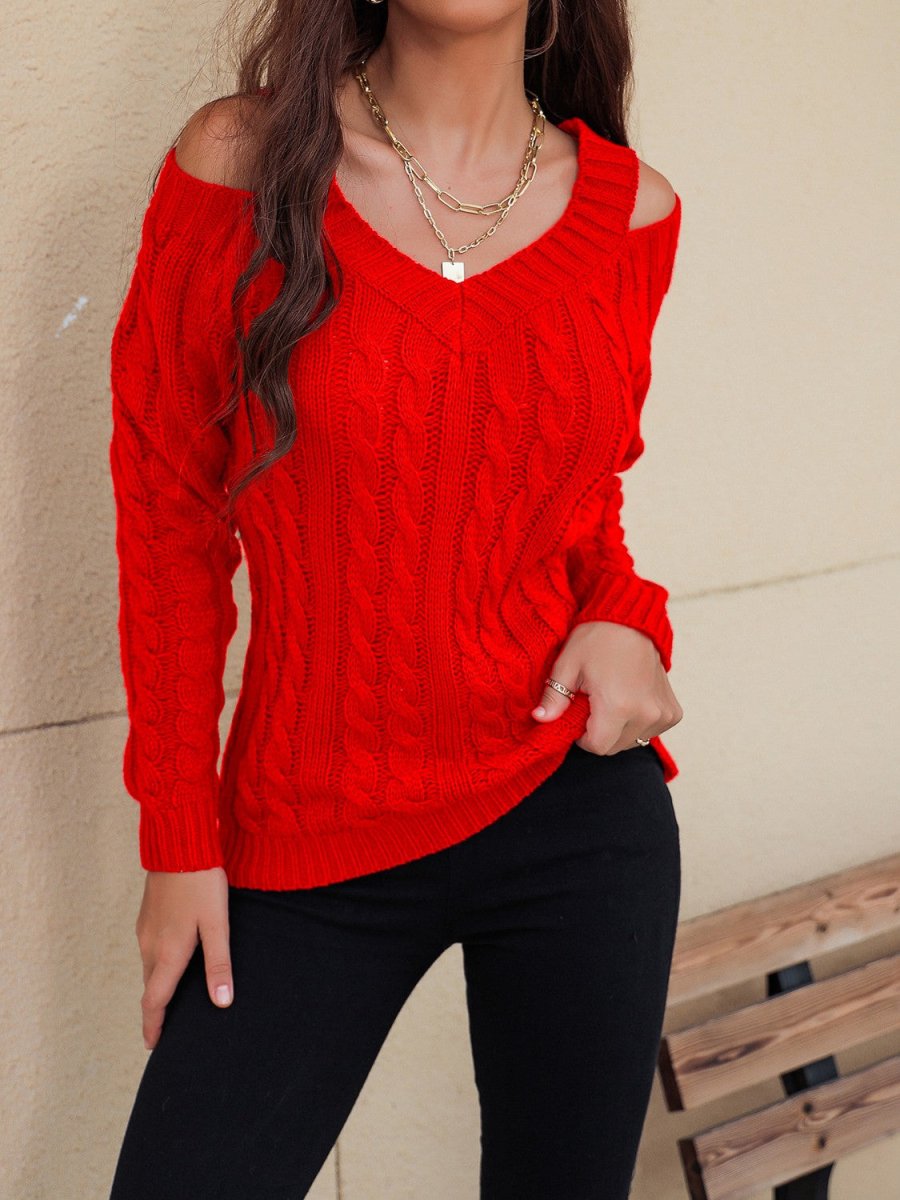 Honey Cable - Knit V - Neck Cold Shoulder Sweater - S. M. & Co.