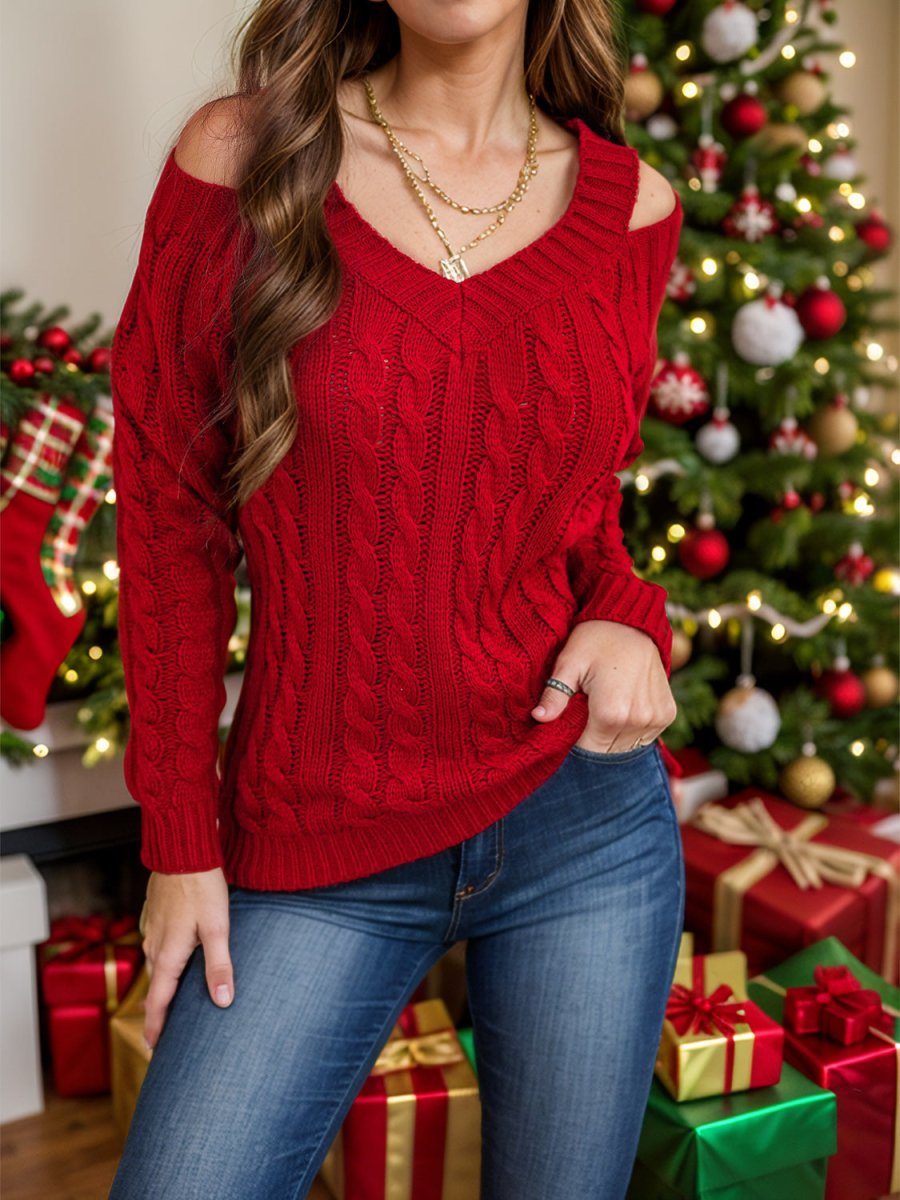 Honey Cable - Knit V - Neck Cold Shoulder Sweater - S. M. & Co.