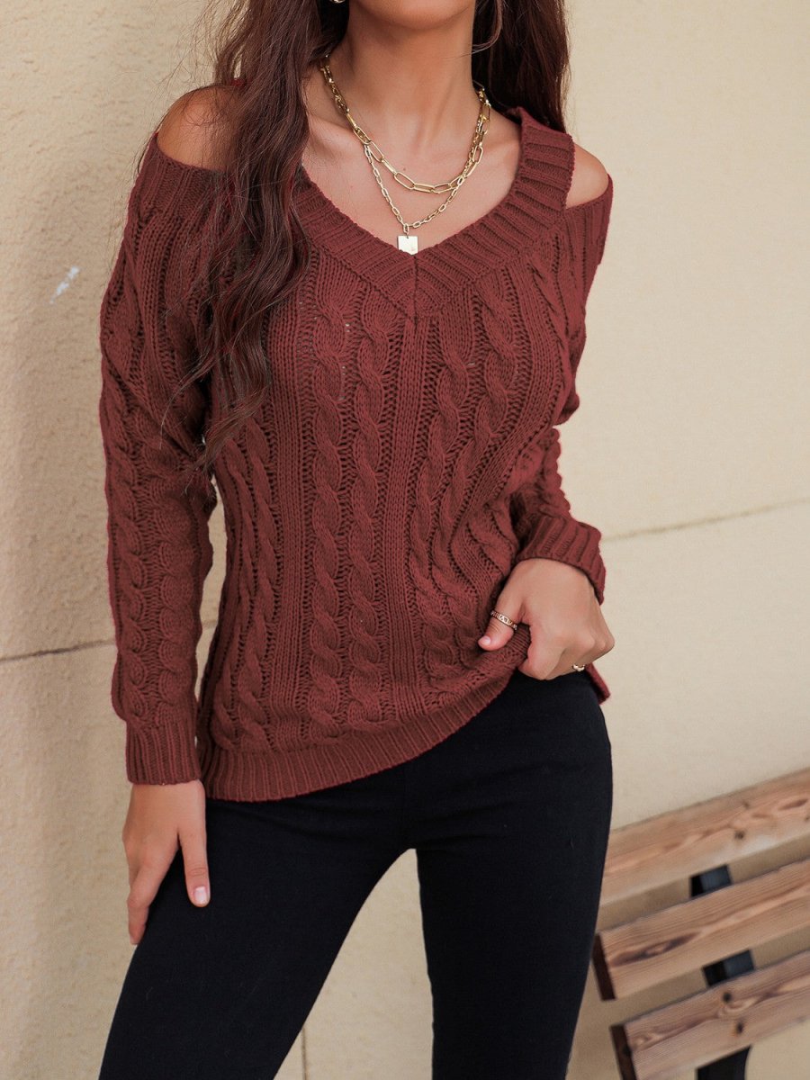 Honey Cable - Knit V - Neck Cold Shoulder Sweater - S. M. & Co.