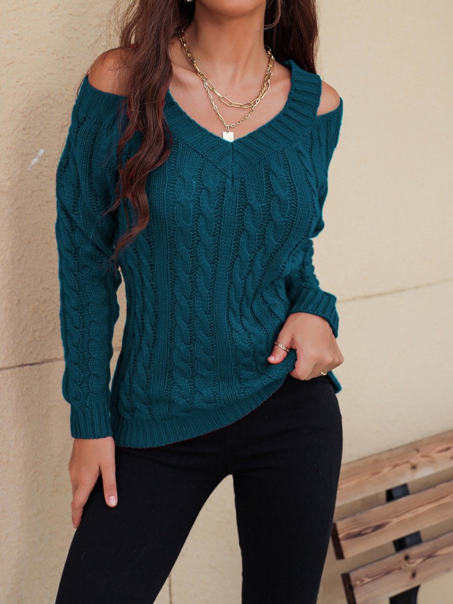 Honey Cable - Knit V - Neck Cold Shoulder Sweater - S. M. & Co.