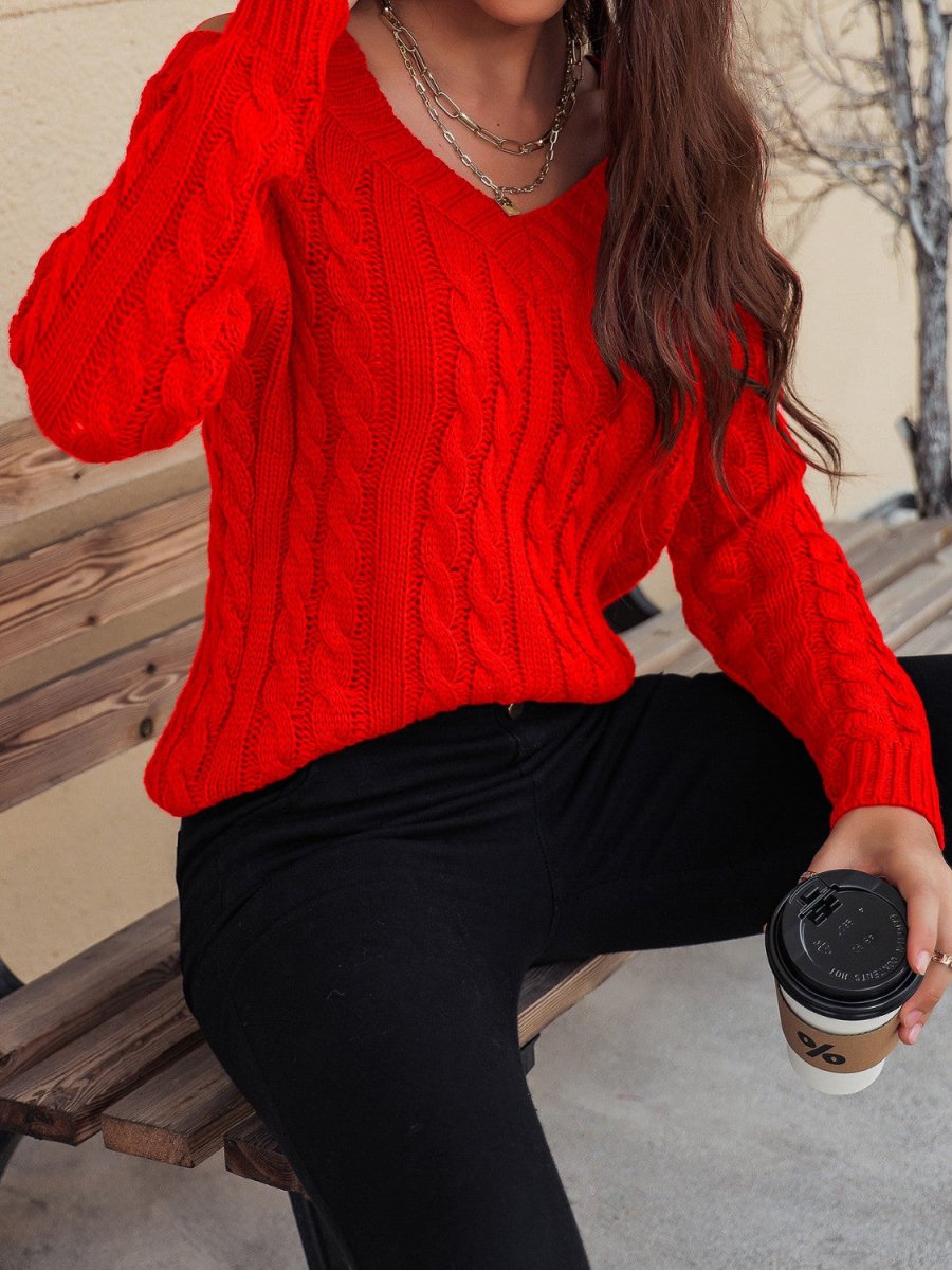 Honey Cable - Knit V - Neck Cold Shoulder Sweater - S. M. & Co.