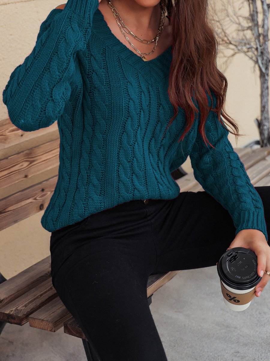 Honey Cable - Knit V - Neck Cold Shoulder Sweater - S. M. & Co.