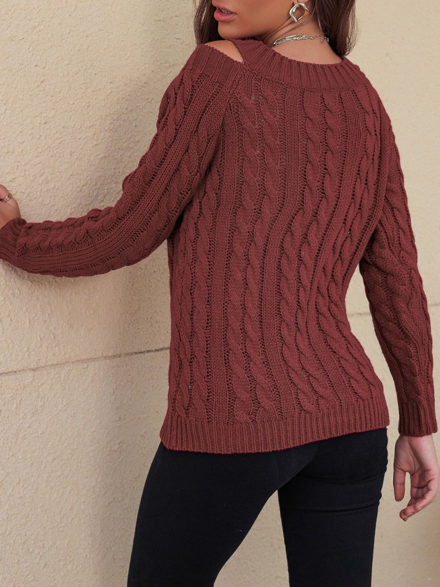 Honey Cable - Knit V - Neck Cold Shoulder Sweater - S. M. & Co.