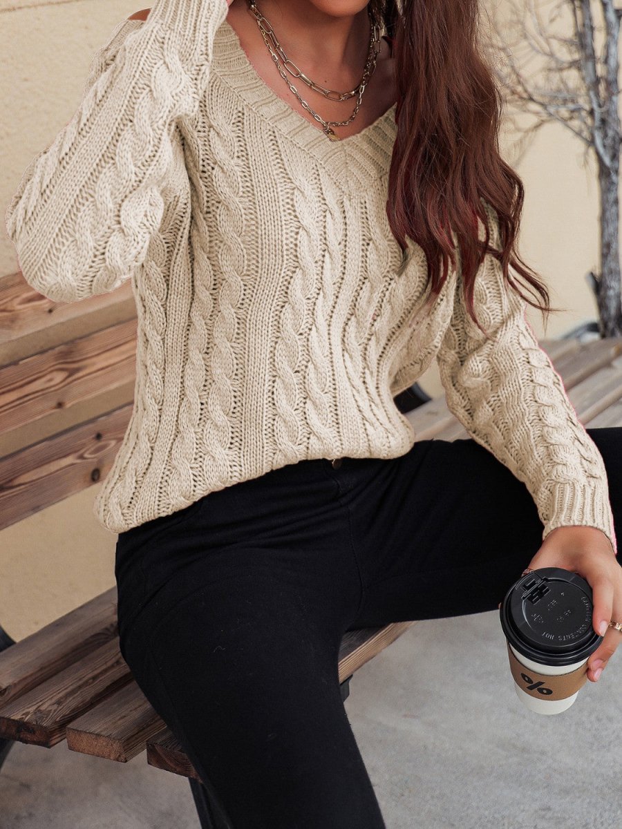 Honey Cable - Knit V - Neck Cold Shoulder Sweater - S. M. & Co.