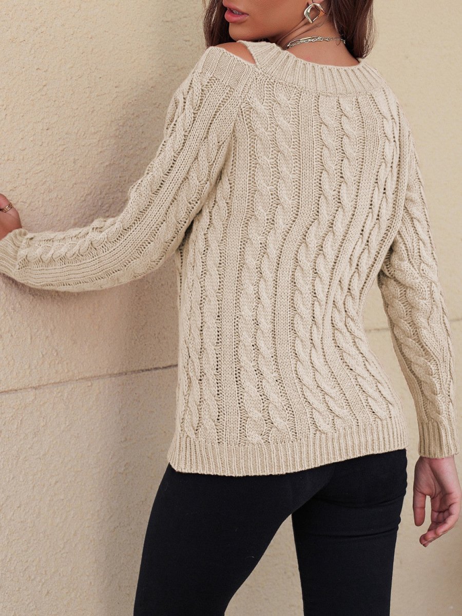 Honey Cable - Knit V - Neck Cold Shoulder Sweater - S. M. & Co.