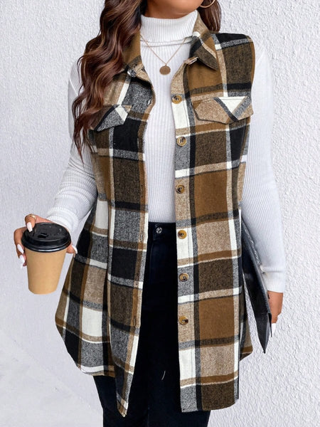 Honey Plus Size Pocketed Plaid Button Up Vest Coat - S. M. & Co.