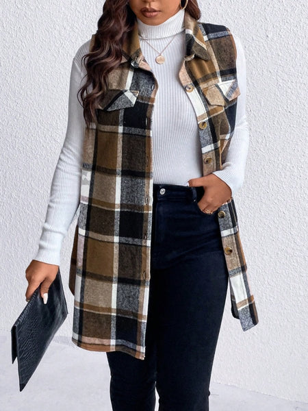 Honey Plus Size Pocketed Plaid Button Up Vest Coat - S. M. & Co.