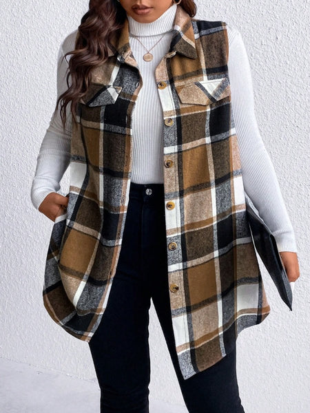 Honey Plus Size Pocketed Plaid Button Up Vest Coat - S. M. & Co.