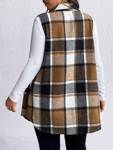 Honey Plus Size Pocketed Plaid Button Up Vest Coat - S. M. & Co.