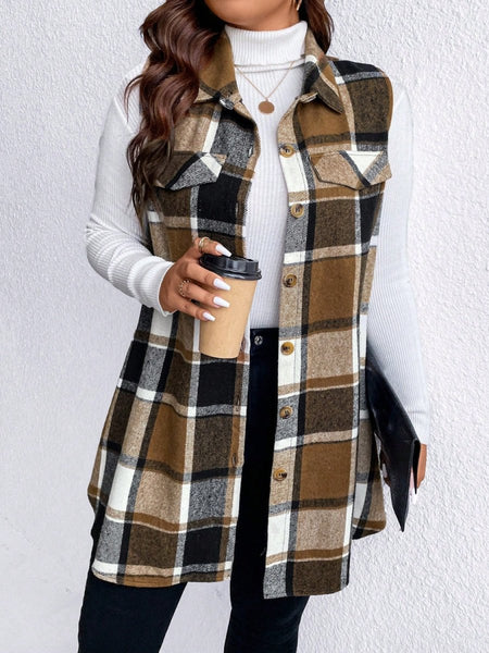 Honey Plus Size Pocketed Plaid Button Up Vest Coat - S. M. & Co.