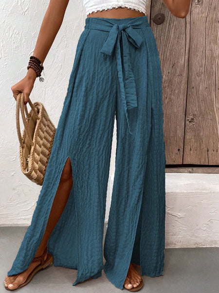 Honey Tied Slit Wide Leg Pants - S. M. & Co.