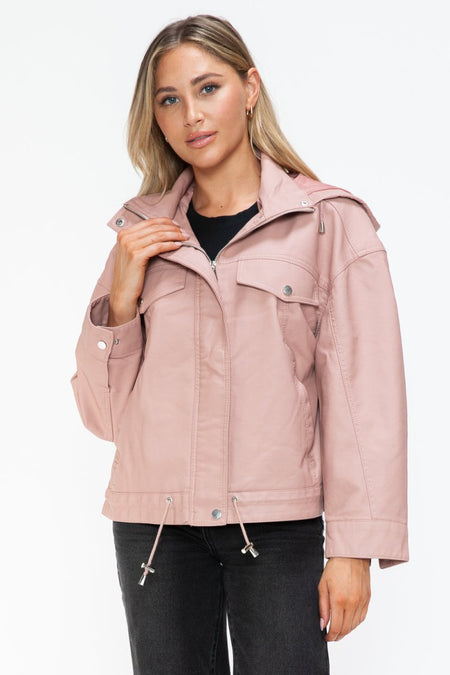 How Dare U Drawstring Hem PU Leather Zip Up Jacket - S. M. & Co.