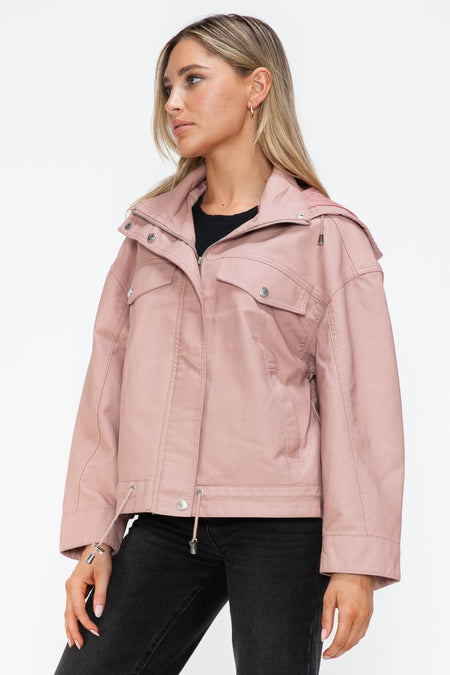 How Dare U Drawstring Hem PU Leather Zip Up Jacket - S. M. & Co.