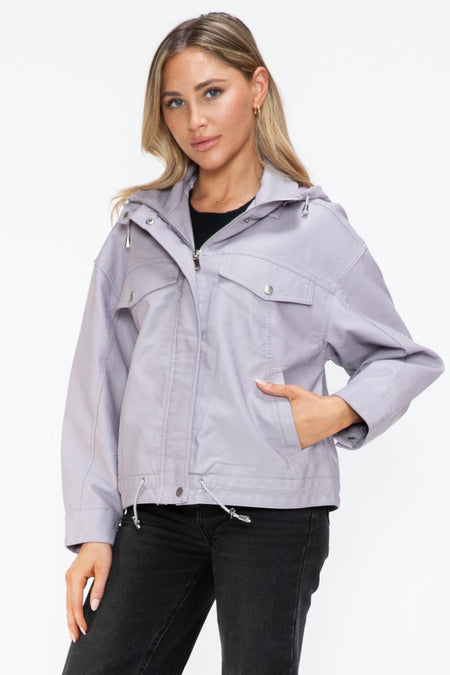 How Dare U Drawstring Hem PU Leather Zip Up Jacket - S. M. & Co.