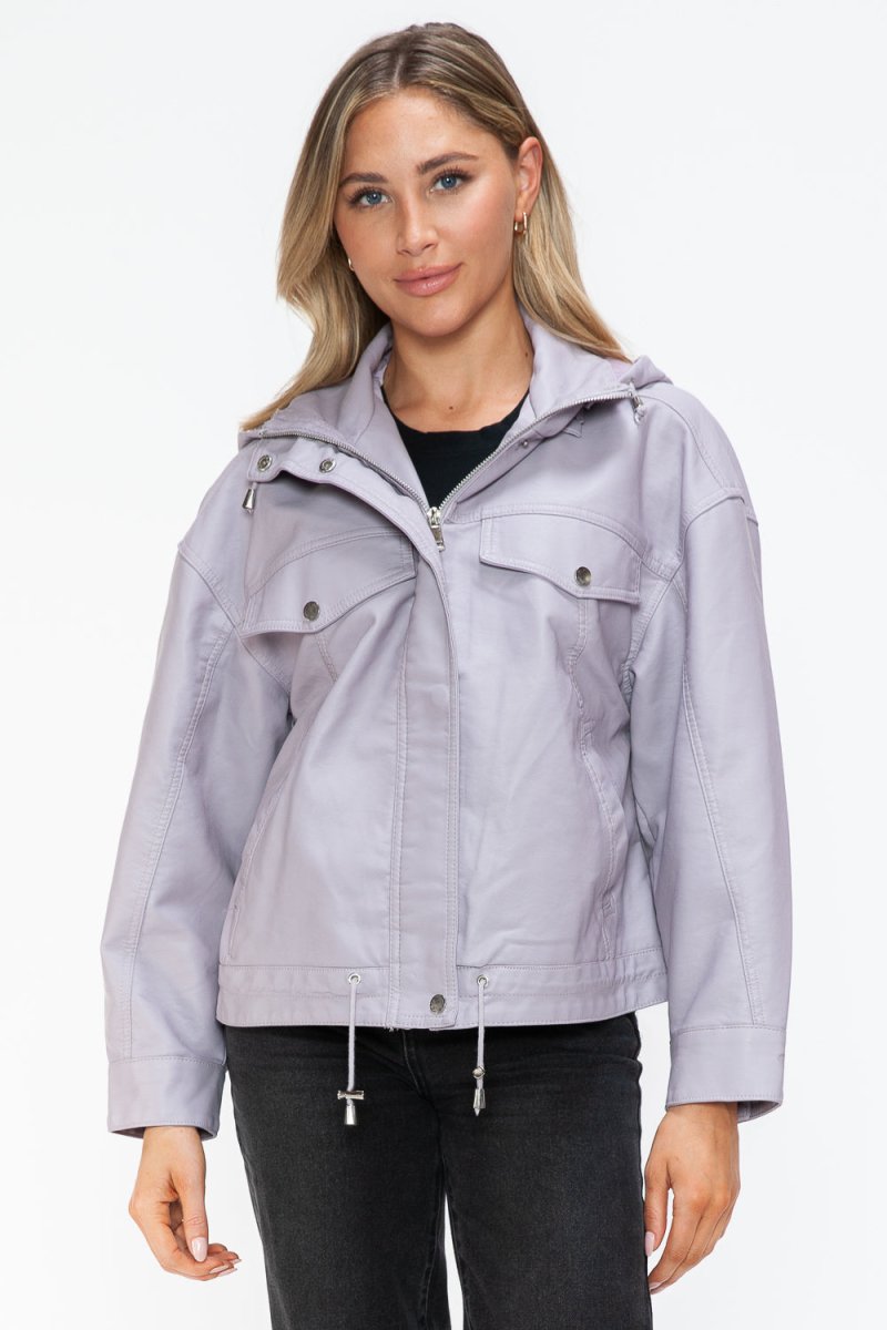 How Dare U Drawstring Hem PU Leather Zip Up Jacket - S. M. & Co.