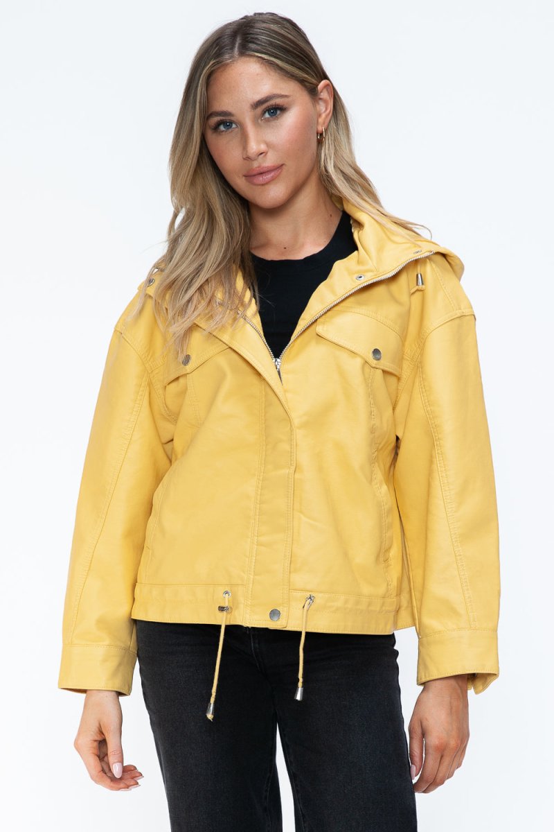 How Dare U Drawstring Hem PU Leather Zip Up Jacket - S. M. & Co.