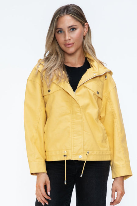 How Dare U Drawstring Hem PU Leather Zip Up Jacket - S. M. & Co.