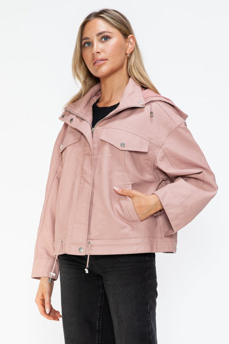 How Dare U Drawstring Hem PU Leather Zip Up Jacket - S. M. & Co.