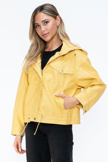 How Dare U Drawstring Hem PU Leather Zip Up Jacket - S. M. & Co.