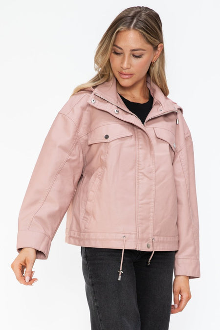 How Dare U Drawstring Hem PU Leather Zip Up Jacket - S. M. & Co.