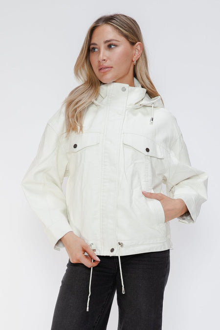 How Dare U Drawstring Hem PU Leather Zip Up Jacket - S. M. & Co.