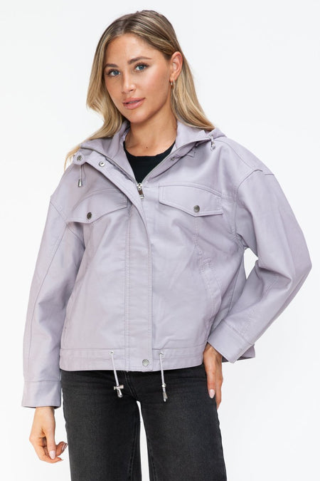 How Dare U Drawstring Hem PU Leather Zip Up Jacket - S. M. & Co.