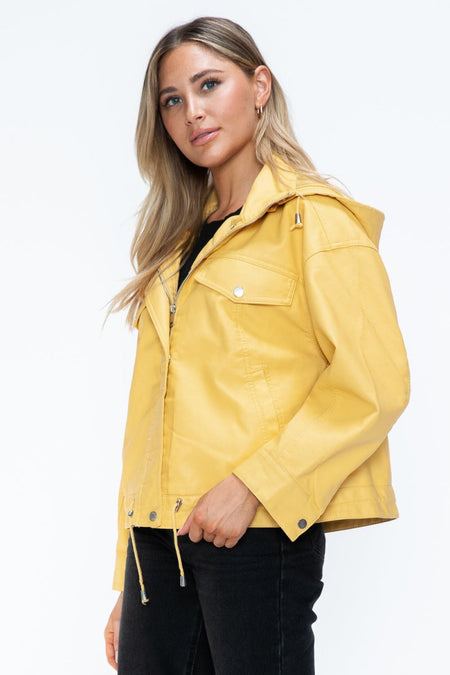 How Dare U Drawstring Hem PU Leather Zip Up Jacket - S. M. & Co.