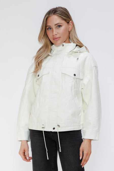 How Dare U Drawstring Hem PU Leather Zip Up Jacket - S. M. & Co.