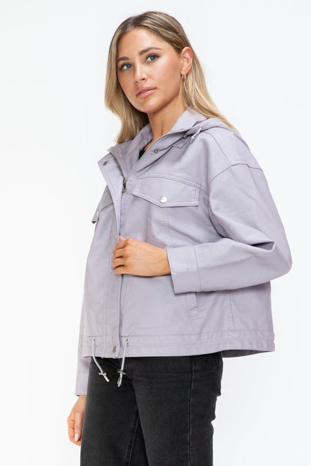 How Dare U Drawstring Hem PU Leather Zip Up Jacket - S. M. & Co.