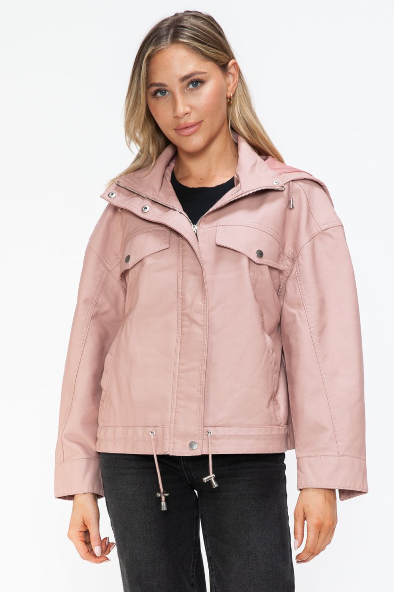 How Dare U Drawstring Hem PU Leather Zip Up Jacket - S. M. & Co.