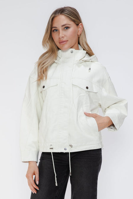 How Dare U Drawstring Hem PU Leather Zip Up Jacket - S. M. & Co.