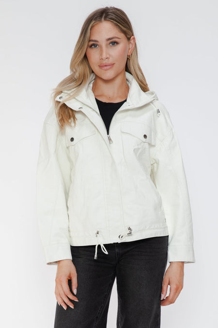 How Dare U Drawstring Hem PU Leather Zip Up Jacket - S. M. & Co.