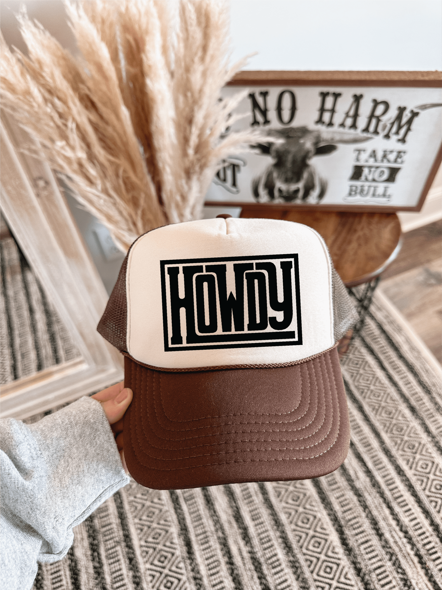 Howdy DTF Printed Brown & Tan Trucker Hat - S. M. & Co.