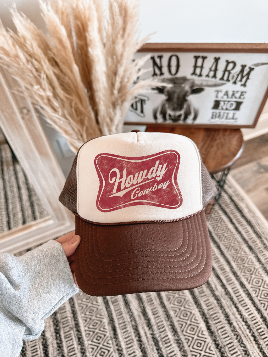 Howdy Cowboy DTF Printed Brown & Tan Trucker Hat/ Brown & Black Ink (Copy)