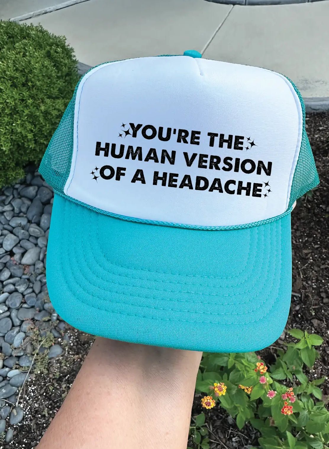 Human Version of a Headache DTF Printed Jade & White Trucker Hat - S. M. & Co.
