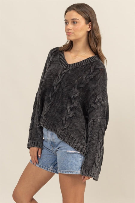 HYFVE Cable Knit V - Neck Dropped Shoulder Oversized Sweater - S. M. & Co.