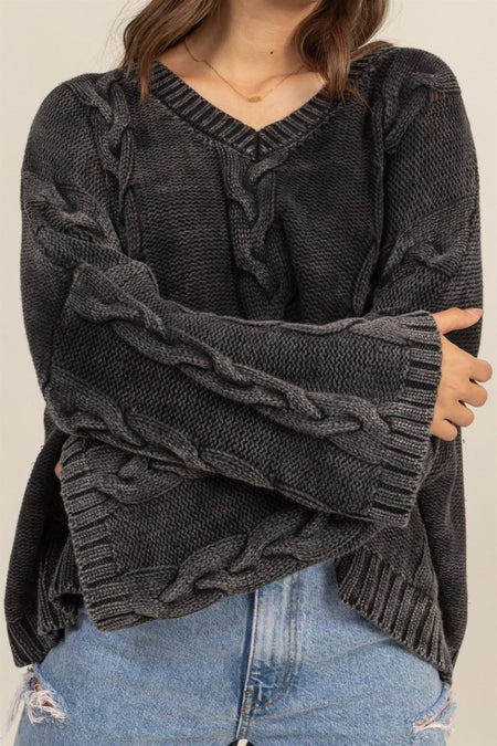 HYFVE Cable Knit V - Neck Dropped Shoulder Oversized Sweater - S. M. & Co.